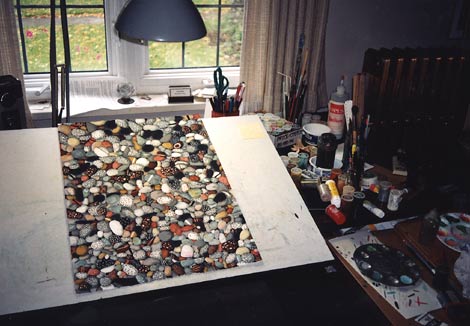 "Pebbles" painting by Anne Adams in the studio